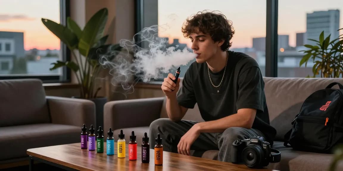 Stylish individual enjoying THC vape in urban lounge with colorful e-liquids.