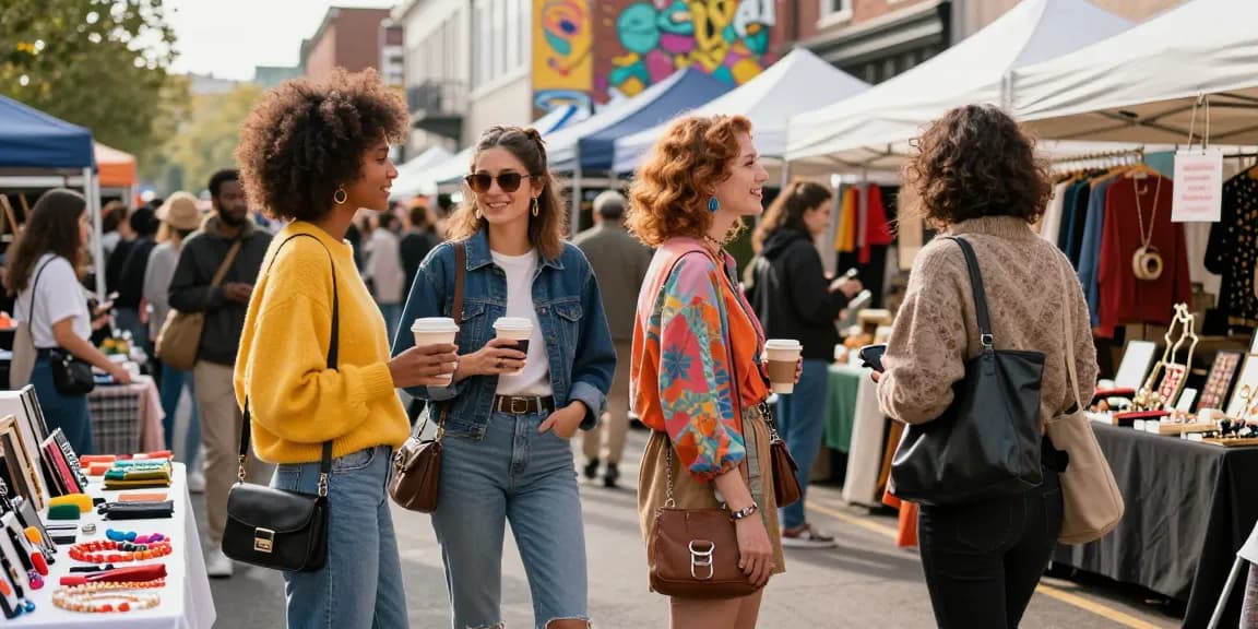 Fashionable shoppers showcasing trendy outfits from shs-dome5.com at a vibrant street market.