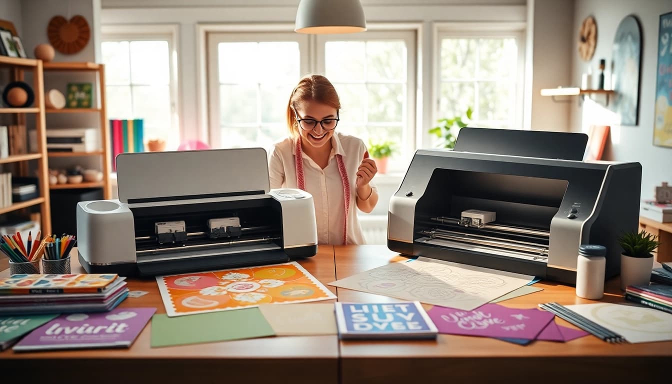 Side-by-side view of silhouette vs cricut machines in a vibrant craft room, showcasing differences and features.