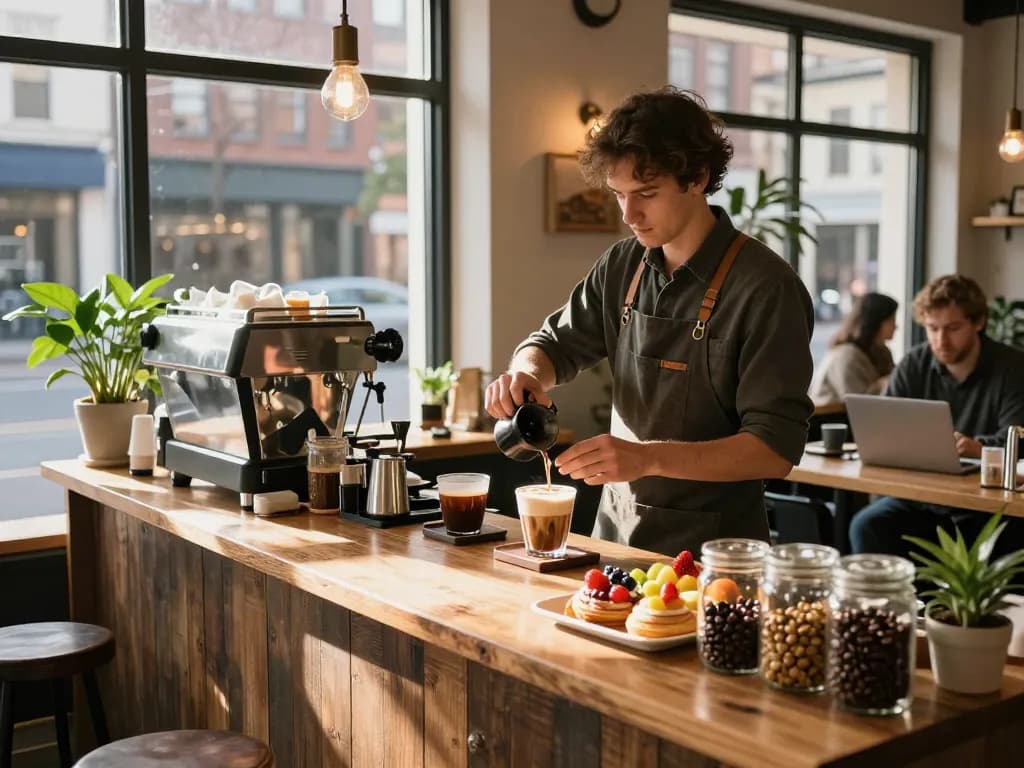 Barista preparing specialty coffee drinks at a cozy urban café, showcasing the vibrant atmosphere of https://forumup.org/shop/search.php?ca_id=&addr1=&addr2=&addr3=&schKeyword=.