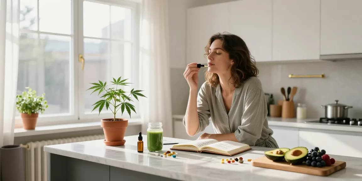 Ministryofcannabis CBD-Öl, Hanf-Extrakt und natürliche Wellness-Produkte in einem hellen, modernen Küchenraum.