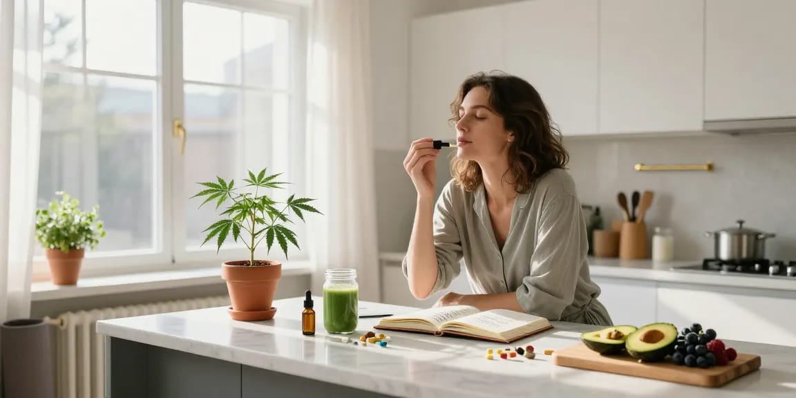 Ministryofcannabis CBD-Öl, Hanf-Extrakt und natürliche Wellness-Produkte in einem hellen, modernen Küchenraum.