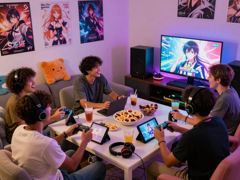Friends enjoying online sex games in a cozy gaming room with vibrant décor.