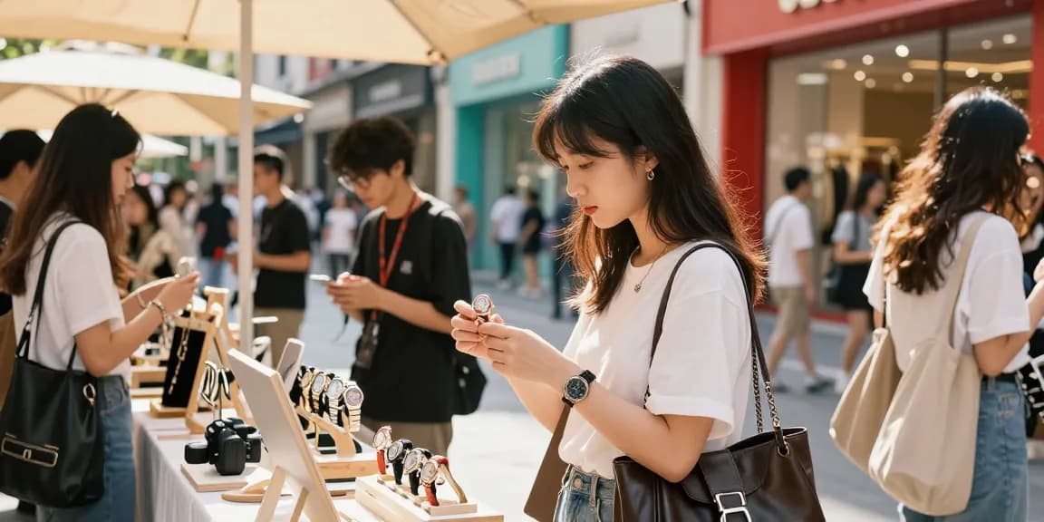 Shoppers exploring high-quality 시계 레플리카 at an urban market pop-up shop.