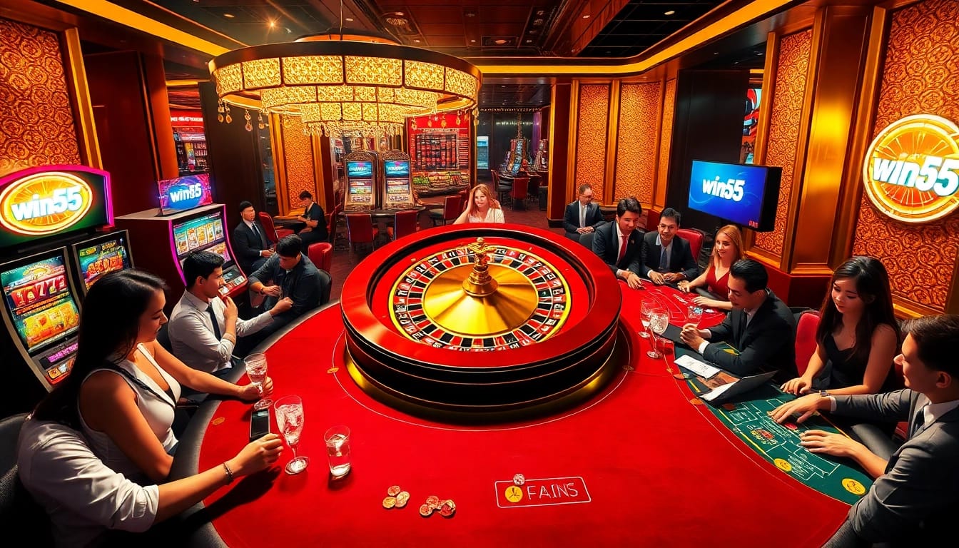 Experience the excitement at win55 casino with vibrant tables and luxurious gaming atmosphere.
