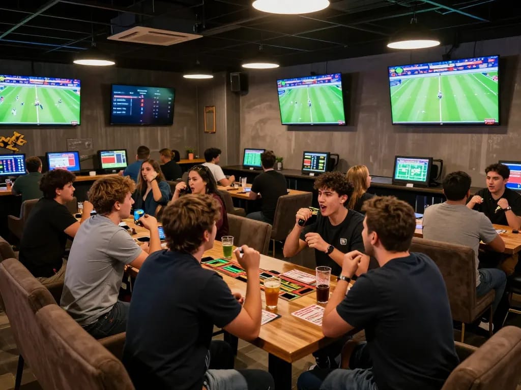 Fans engaging in sports betting at Nowgoal listening to game analysis while placing bets.