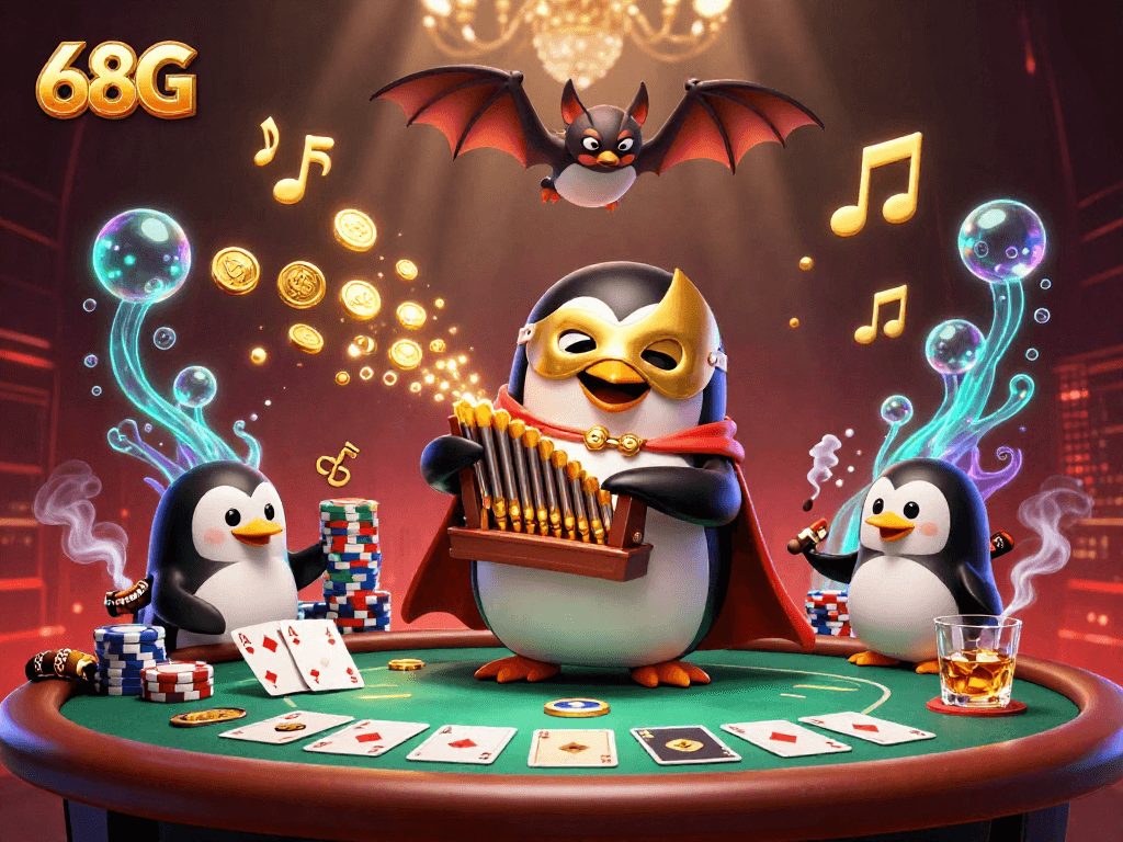 Ilustração 3D vibrante do 68G com personagens de cassino interagindo em uma cena dinâmica.