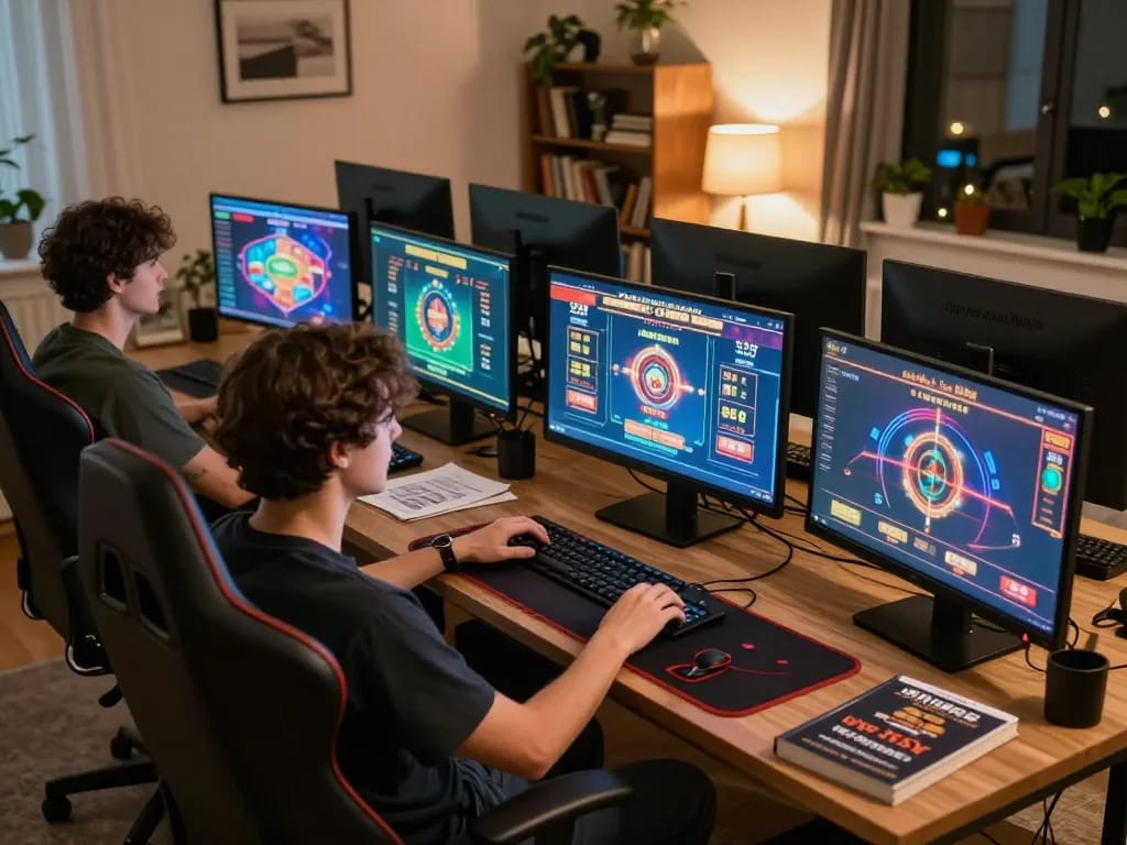 Engaging gameplay with dark web links visible on multiple screens in a cozy online gambling setup.
