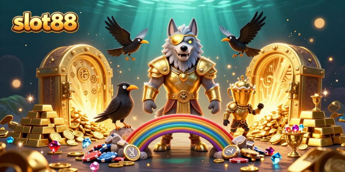 Experience slot88 with Odin and ravens amidst a dynamic, rich casino-themed illustration.