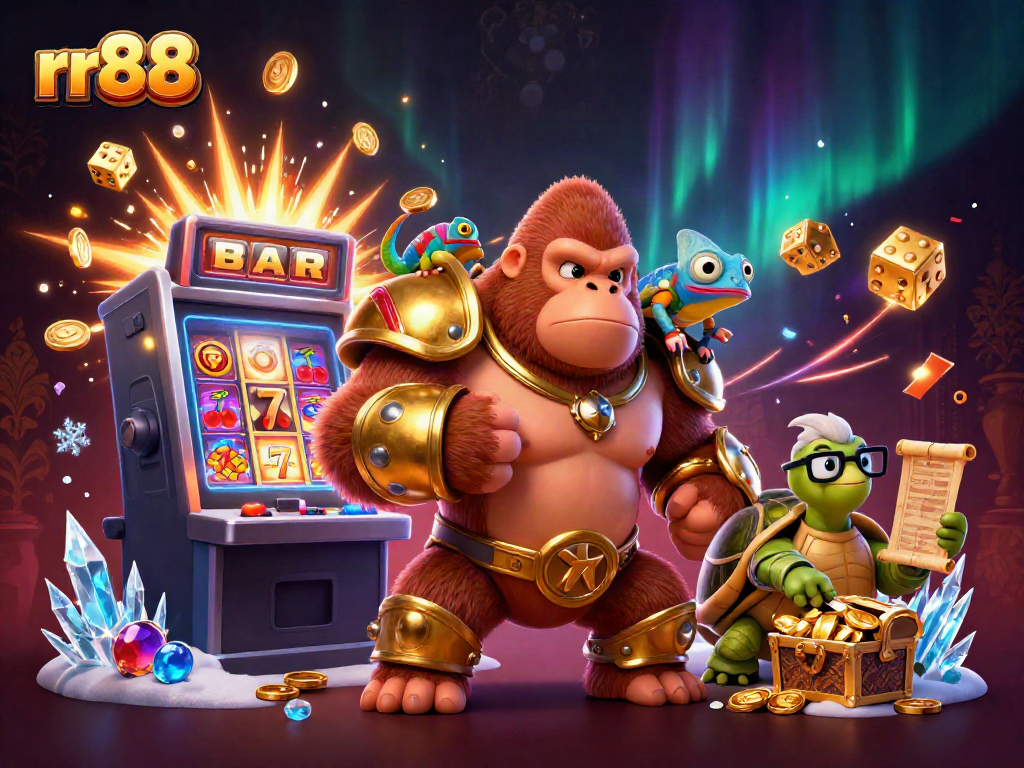 rr88 gaming scene with dynamic gorilla king, slots, and jackpot explosion