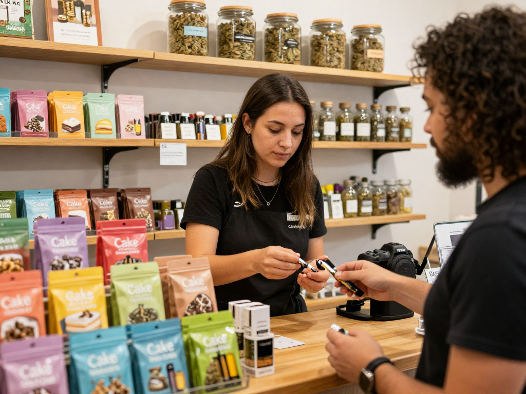 The Cake cart selection displayed in a vibrant dispensary, featuring a friendly staff member assisting customers.