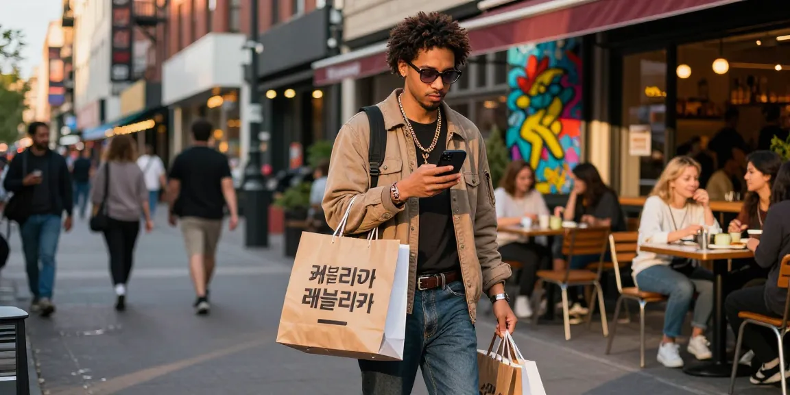 Trendy individual from a 레플리카 쇼핑몰 showcasing urban fashion in a vibrant city street.