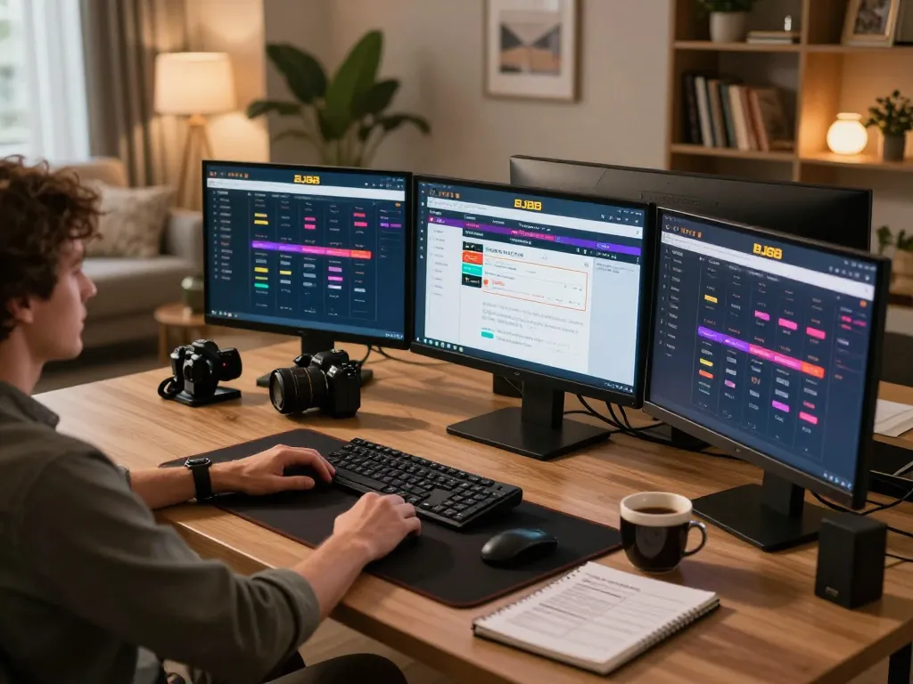 BJ88 online betting setup showcasing a player engaged in strategic gaming with multiple screens