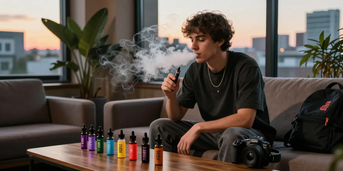 Stylish individual enjoying THC vape in urban lounge with colorful e-liquids.