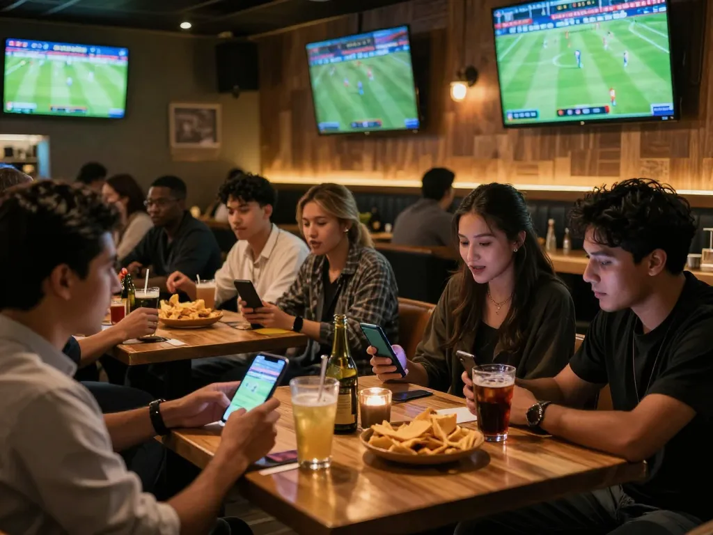 Bola Online sports betting scene with patrons engaged while watching live matches