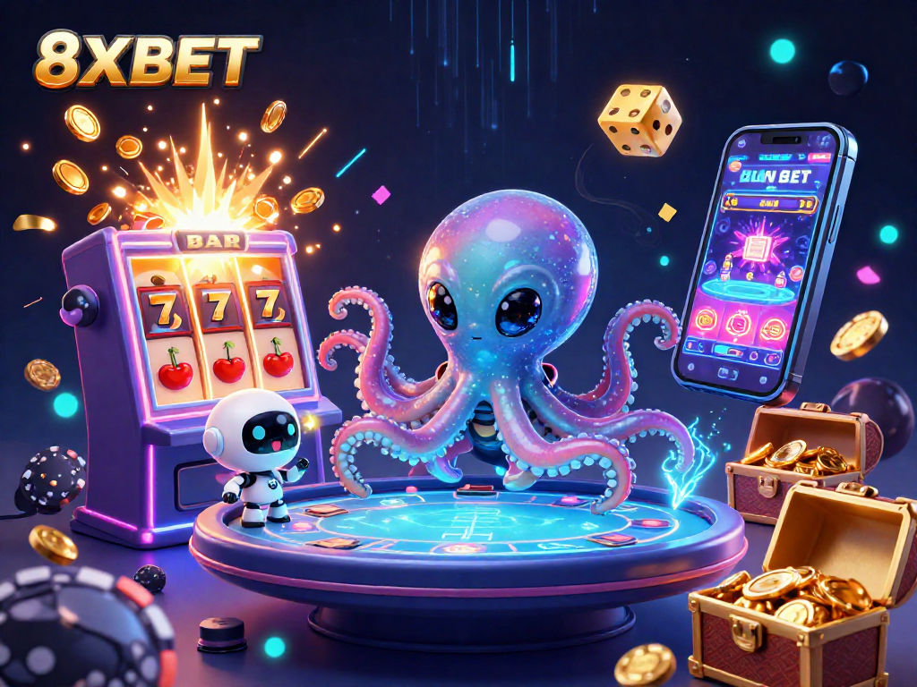Experience fun with 8XBET, featuring a vibrant alien octopus at a poker table amidst colorful gaming elements.