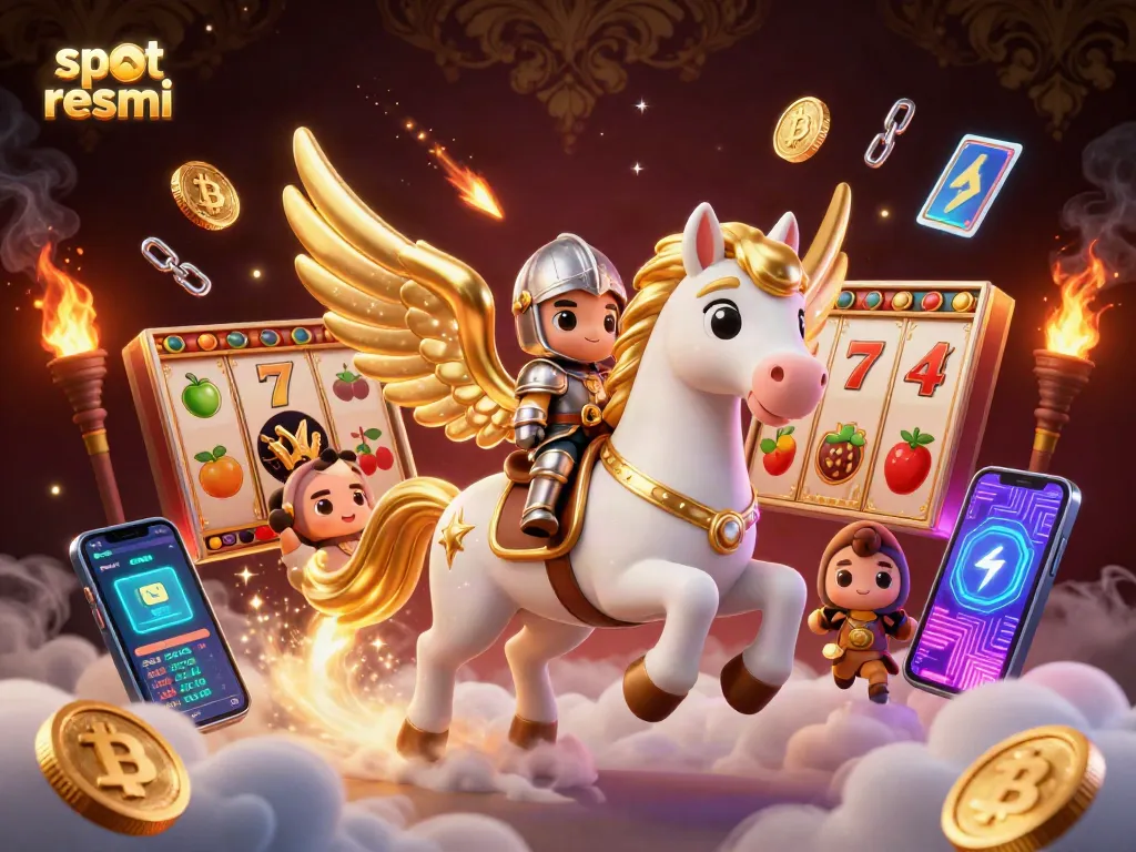Spin and win with slot resmi as the lucky knight rides a celestial horse through a vibrant casino realm.