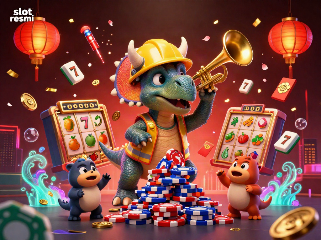 Celebrate big wins with slot resmi as triceratops constructs poker chip pyramid amid cheering companions.