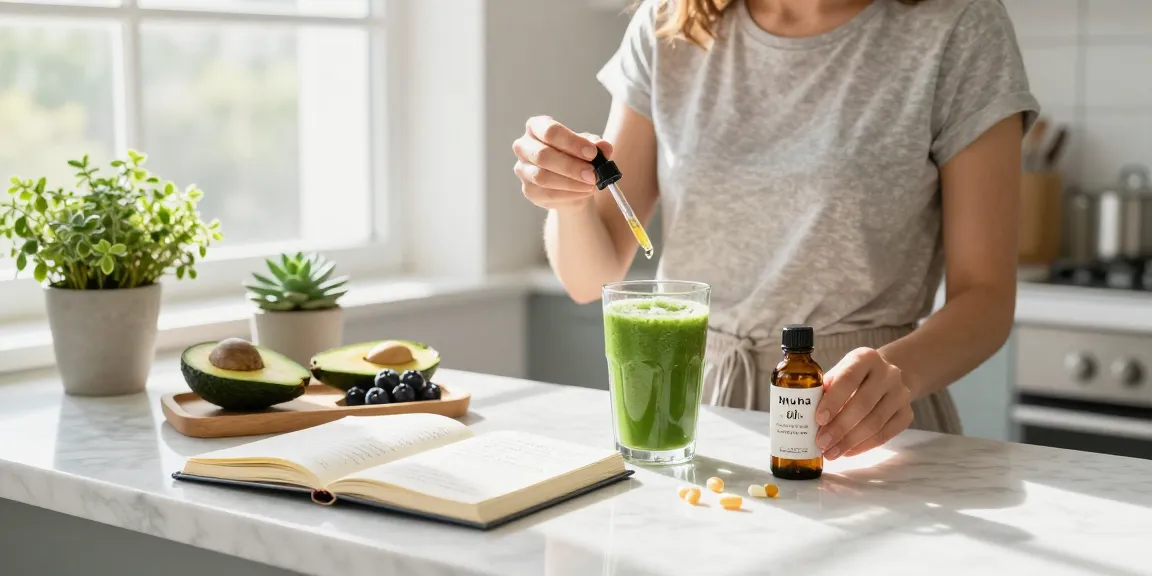 Muha med CBD oil tincture with fresh ingredients and wellness items in a bright kitchen.