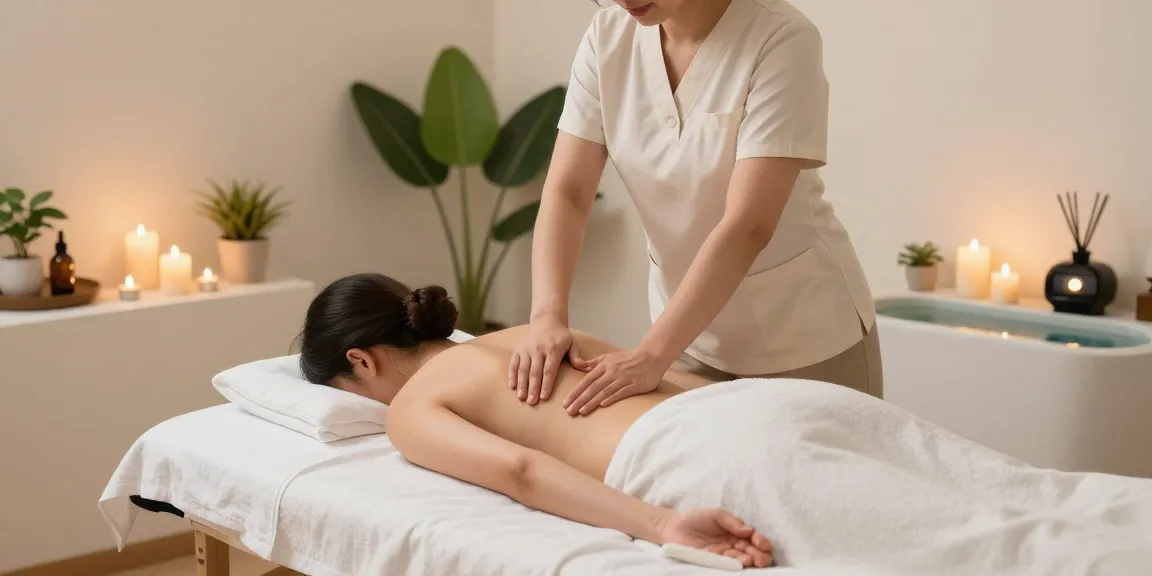 Massage therapist providing a calming 마사지 treatment in a serene spa setting