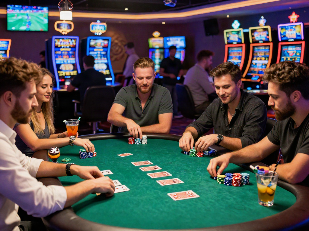 Exciting group enjoying rokok88 link poker game in casino atmosphere