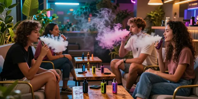 Friends enjoying THC vape in a vibrant indoor lounge setting.