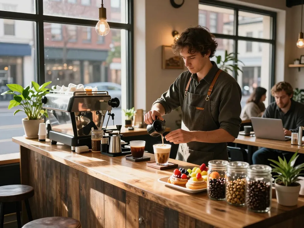 Barista preparing specialty coffee drinks at a cozy urban café, showcasing the vibrant atmosphere of https://forumup.org/shop/search.php?ca_id=&addr1=&addr2=&addr3=&schKeyword=.