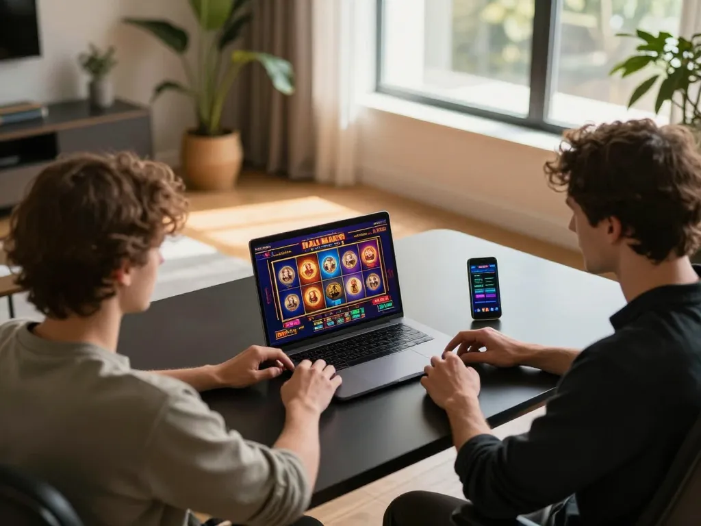 Player engaging at 99win online casino using a laptop in a stylish setting, with gaming app visible.