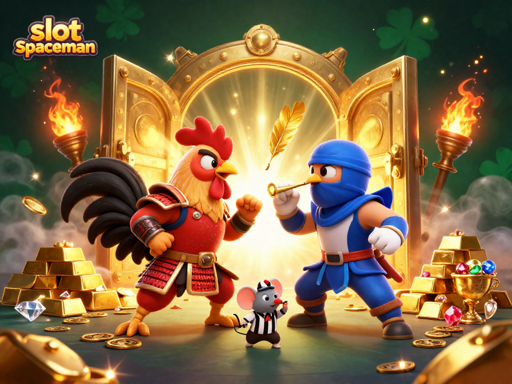 Win big with slot spaceman as cartoon roosters clash in a vibrant casino scene.