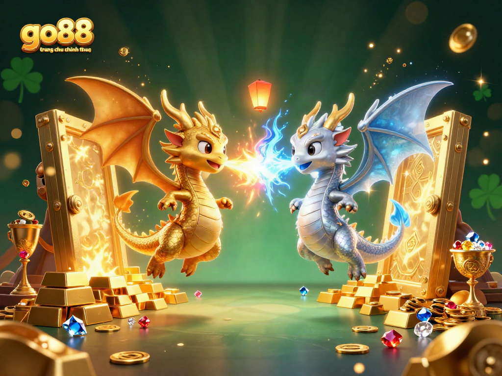 Engage with a vibrant scene showcasing go88 trang chu chinh thuc through dynamic dragons, treasures, and gaming elements.