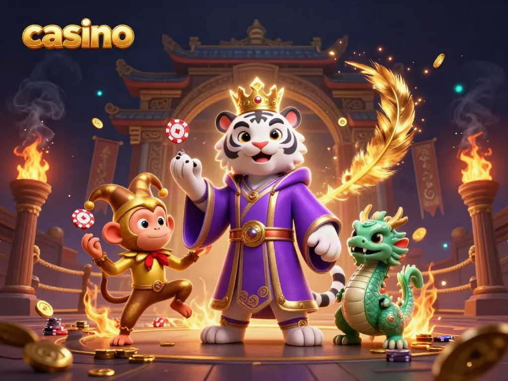 Engaging casino illustration showcasing a majestic tiger, juggling monkey, and a lively dragon, symbolizing winning excitement.