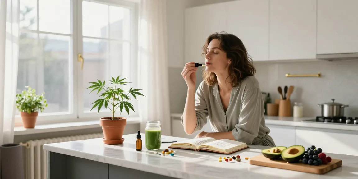 Ministryofcannabis CBD-Öl, Hanf-Extrakt und natürliche Wellness-Produkte in einem hellen, modernen Küchenraum.