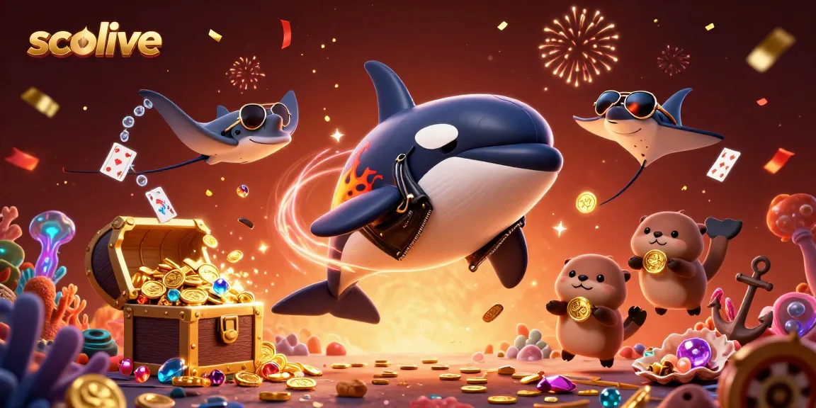 Socolive offers a thrilling viewing experience as the orca whale jumps, revealing an underwater scene filled with treasure and excitement.