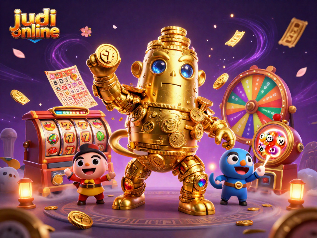 Experience judi online with a vibrant 3D scene of a golden golem and lively game elements.
