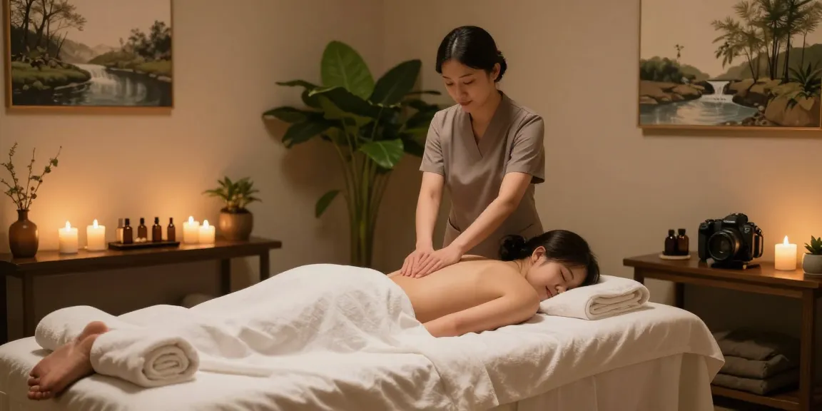대구마사지 therapy session in a serene spa with calming elements and warm lighting.