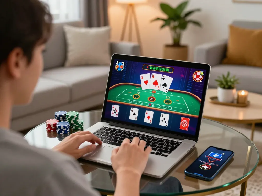 Engaged player at https://rikvip75.com/ enjoying live dealer game on laptop in cozy home setting.