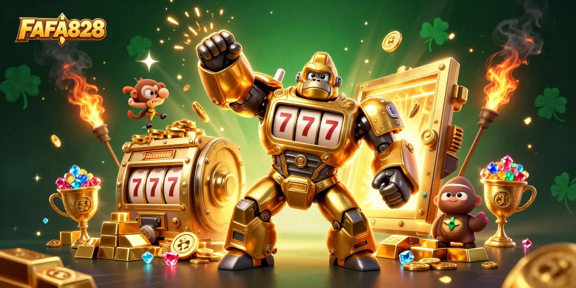 Experience FAFA828 with a dynamic 3D illustration featuring a golden gorilla mech and treasures.