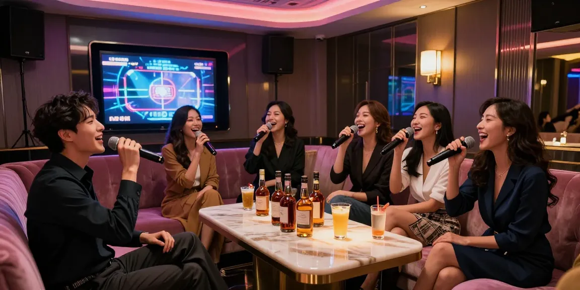 Experience vibrant nightlife at https://www.gangnamtune.com/ with friends enjoying karaoke in an upscale lounge.