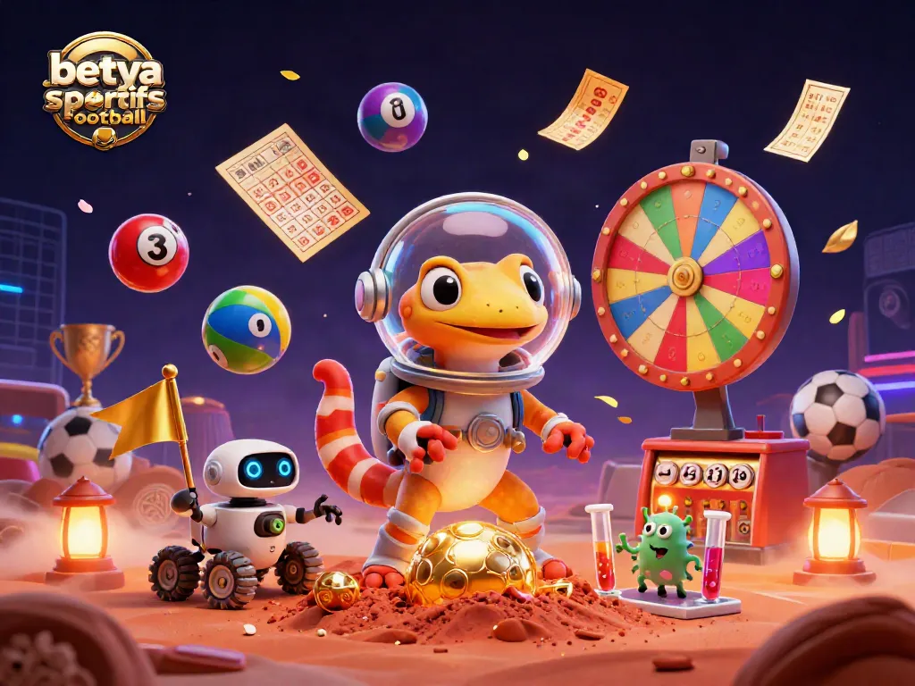 Betya paris sportifs football scene showcasing a Martian gecko exploring a golden casino with sports betting elements.
