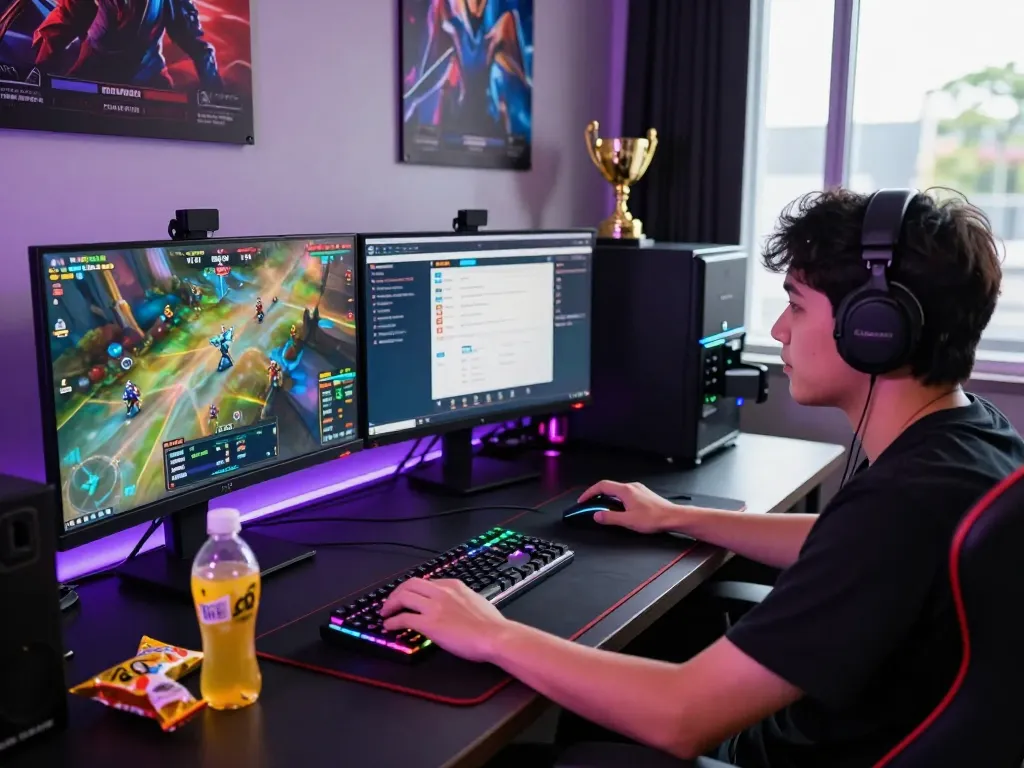 Gamer engaged in esports betting Singapore, surrounded by gaming gear and live matches on multiple screens.