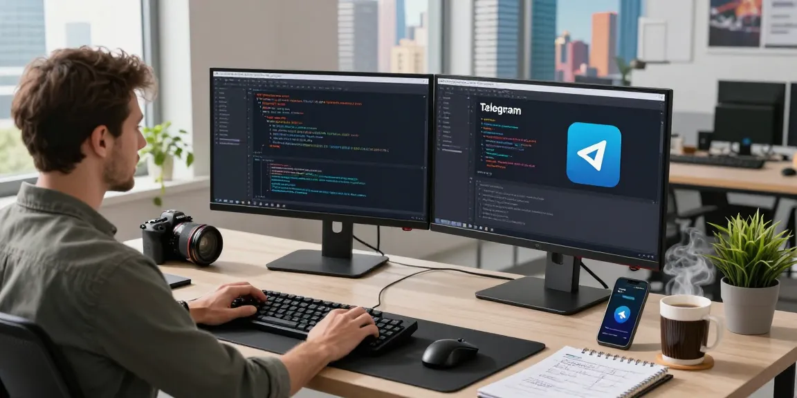 Explore Telegram Download in a contemporary workspace with coding tools, dual monitors, and a vibrant city backdrop.