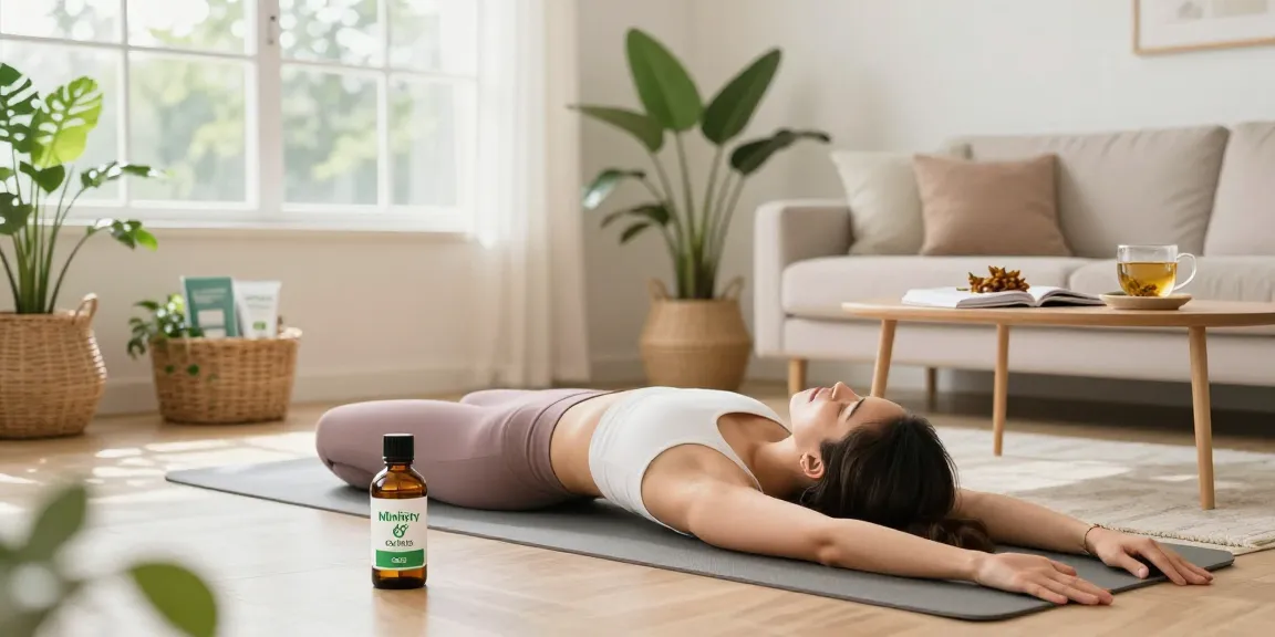 Ministry of Cannabis CBD oil beside yoga mat in a calming living room, emphasizing natural wellness practices.
