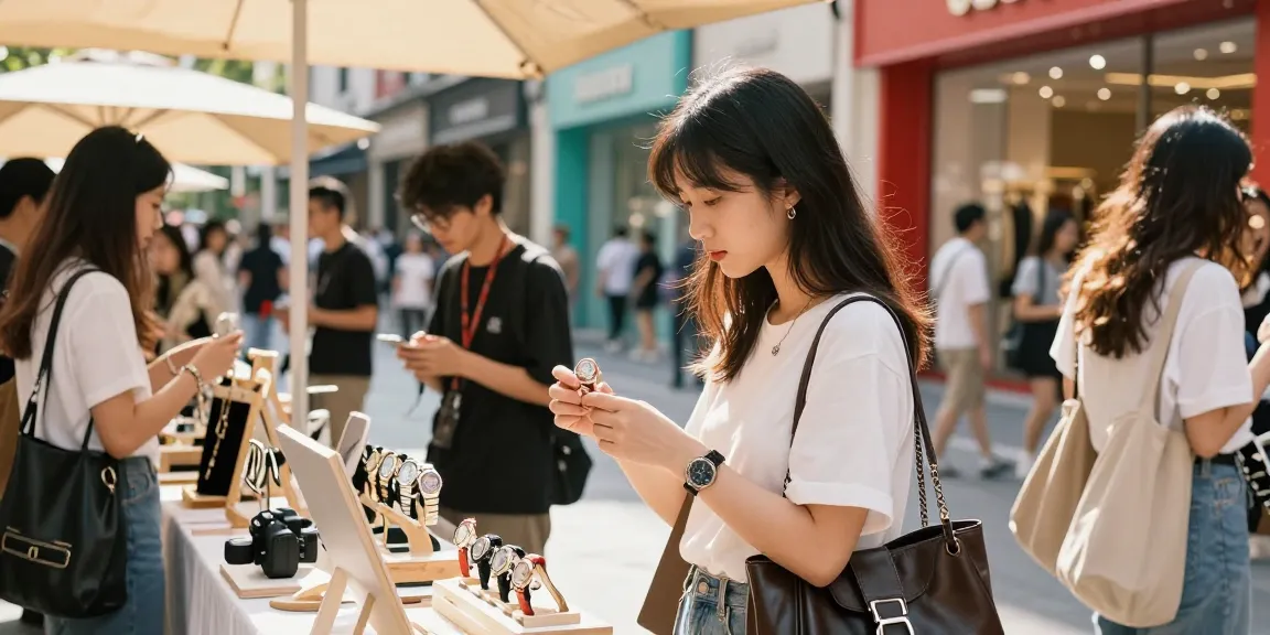 Shoppers exploring high-quality 시계 레플리카 at an urban market pop-up shop.