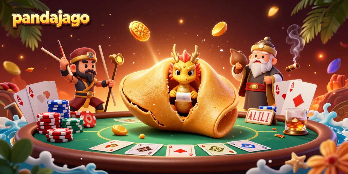 Menangkan jackpot dengan pandajago, dapati naga bijak dan prajurit mengawasi permainan kartu dan koin emas.