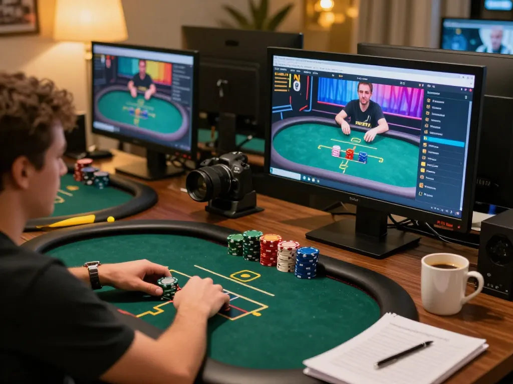 Engaging scene of online gaming with RR88 Auction on multiple screens, showcasing intense online poker strategy.