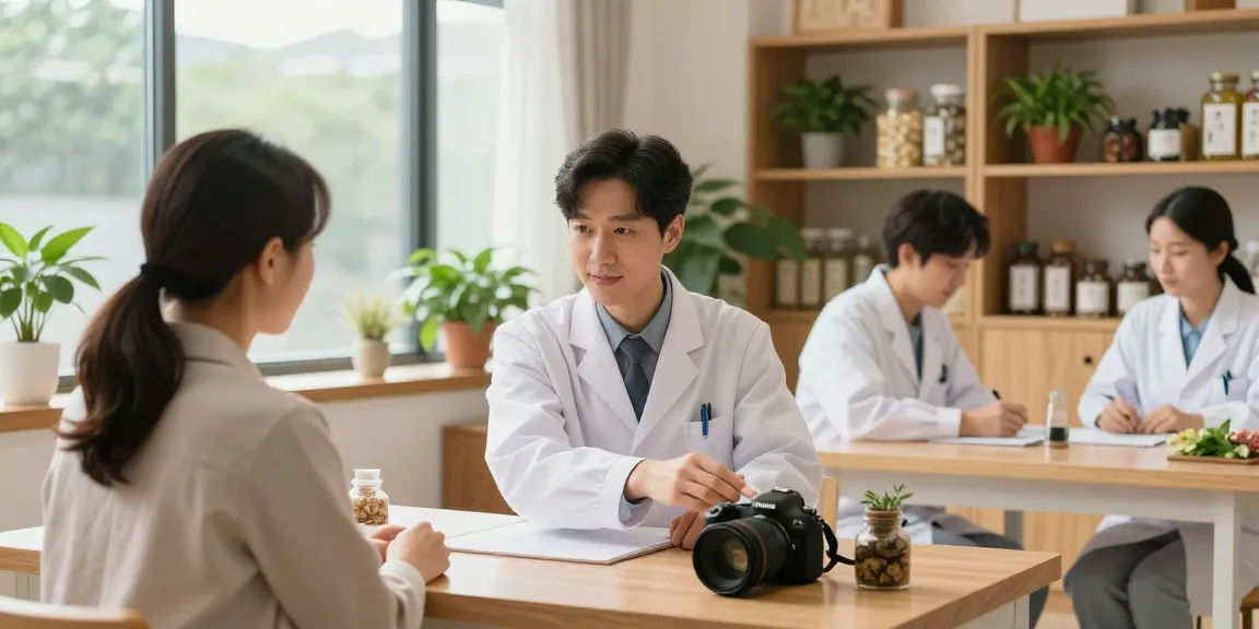 Consultation at 영통한의원 with a herbal medicine practitioner providing personalized care in a serene clinic environment.