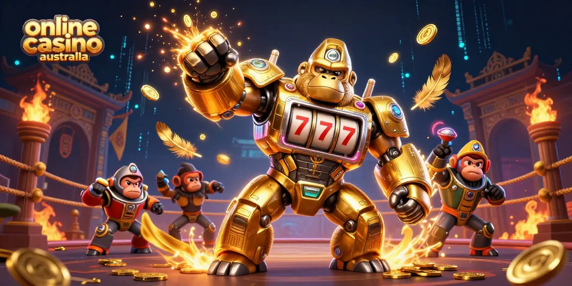 Experience the thrill of online casino Australia with an epic 3D illustration showcasing slot machines and a gorilla mech.