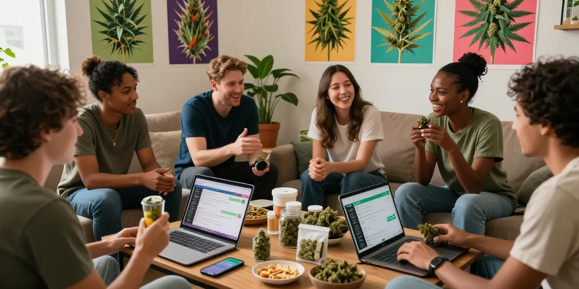 Engaging cannabis community discussing weed telegram news and strains in a cozy living room.
