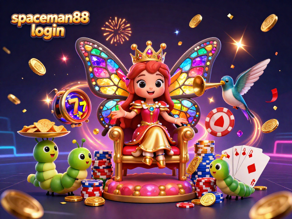 Spin to win with spaceman88 login as the butterfly queen reigns over casino treasures in a vibrant scene.