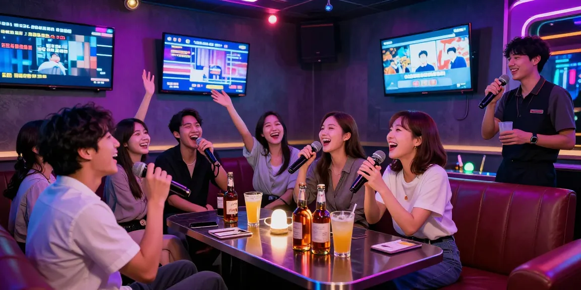 Jeju Island nightlife experience featuring 제주도유흥 karaoke room with friends singing and enjoying whiskey.